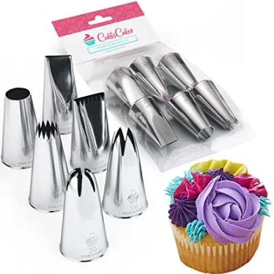 Afbeelding van CukkiCakes Set van 6 grote professionele spuitmonden (1M, 2D, 4B, 1A, 124 en 895) voor spuitzakken, decoratie productie cupcakes, taarten, churros, kroketten