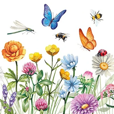 Afbeelding van Serviette Blumen Set van 20 servetten met bloemenmotief vol dieren, vlinders, libellen, bijen, bloemen, weide, lente en zomer, tafeldecoratie 33 x cm