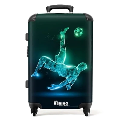Afbeelding van NoBoringSuitcases.com Grote koffer Silhouet van een voetballer in het groen en blauw Kinderkoffer jongen Reiskoffer met 4 wielen Trolley op wieltjes Rolkoffer groot kinderen 72 liter Ruimbagage valies 20kg