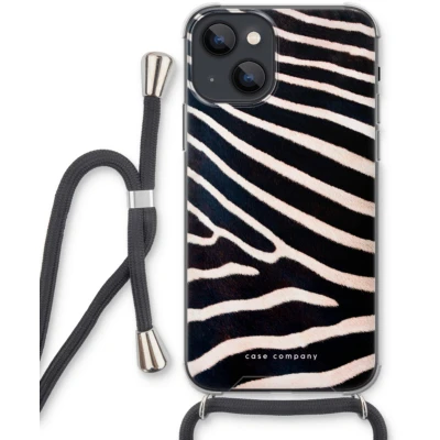 Afbeelding van Case Company® hoesje met Koord geschikt voor iPhone 13 mini Zebra Telefoonhoesje Zwart Extra Bescherming aan alle Kanten en Over de Schermrand