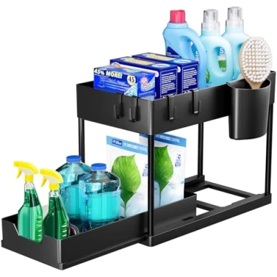 Afbeelding van opbergrek voor onder de gootsteen, keukenopberger, 2 niveaus, met uitschuiflade, multifunctioneel badkamer, aanrecht, wasruimte, zwart