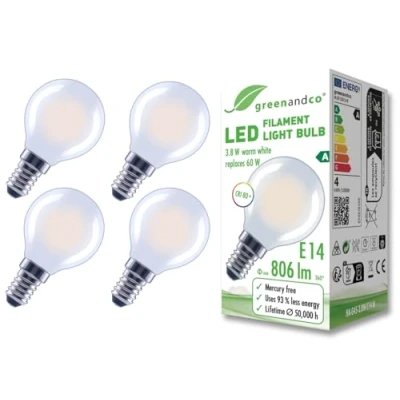 Afbeelding van greenandco 4 x matte led filamentlampen, E14, G45, 3,8 W, 806 lm, vervangt 60 2700 K, warm wit, 320 graden, 230 V, flikkervrij, energieklasse A, niet dimbaar