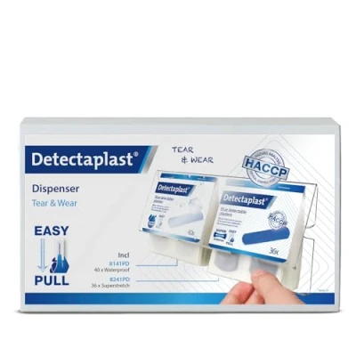 Afbeelding van Detectaplast Tear &amp; Wear Mix pleisterdispenser, doos met 76 detecteerbare pleisters in blauw voor de restauratie, EHBO kit elastische en waterbestendige