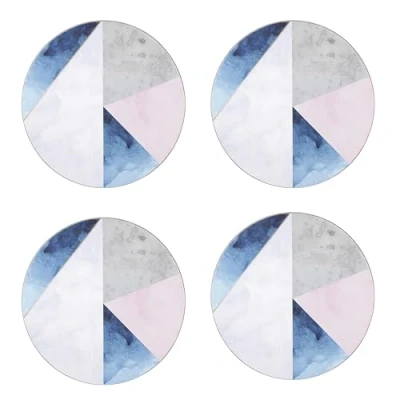 Afbeelding van Creative Tops Set van 4 ronde onderzetters &quot;Geometric Palette&quot; bedrukt met kurken achterkant, 12 cm, blauw/grijs