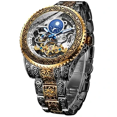 Afbeelding van FORSINING Retro herenhorloge met automatisch opwindend gesneden swirl maanfase onafhankelijke seconden skelet grote wijzerplaat, Goud, Riem