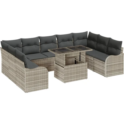 Afbeelding van vidaXL 10 delige tuinsofa set met kussens Lichtgrijs Poly Rattan, 2 zits Rattan