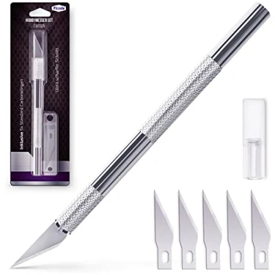 Afbeelding van Filzada® Scalpel met 5 reservemessen (standaard) precisiesnijder/modelismes van zilver voor het snijden papier, modellen, raamfolie, fondant, stoffen enz.