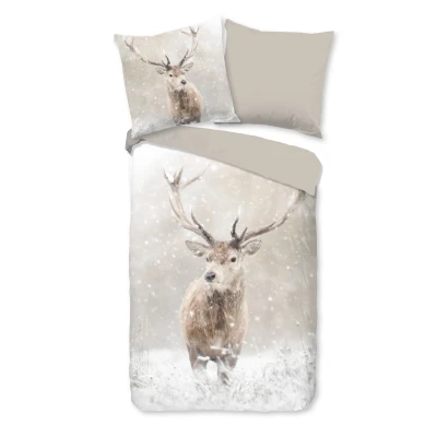 Afbeelding van Flanellen Dekbedovertrek 200x200 cm Herten in Winterlandschap Zand 2 Persoons 100% Katoen Flanel