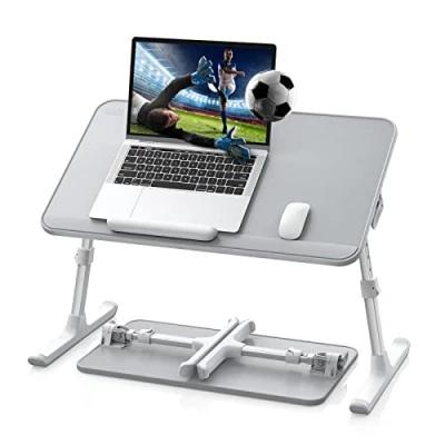 Afbeelding van Laptoptafel voor bed, comfortabel tafelblad van leer, instelbare hoogte, hellingshoek, inklapbaar, met stopper tot 17 inch notebook, bank, board (grijs, 52 x 30 cm)