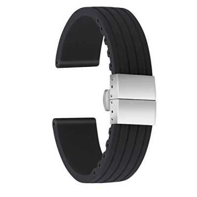 Afbeelding van ULLCHRO Horlogeband, hoge kwaliteit, vervanging van siliconen, armband, strepenpatroon, 16 mm, 18 20 22 24 rubberen horlogeband met vouwsluiting roestvrij staal, zwart., Armband
