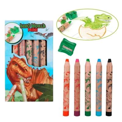 Afbeelding van Dino World Jongens Mini Kleurpotloden (5 Stuks) &amp; Puntenslijper