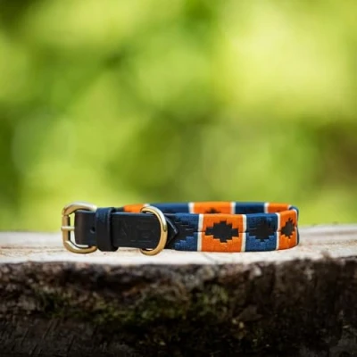 Afbeelding van Leren Halsband met lijn polo print oranje blauw Maat S MTB Equestrian