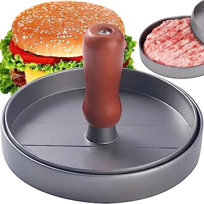 Afbeelding van Retoo Hamburgerpers van gegoten aluminium, 12 cm, voor lekkere hamburgers met antiaanbaklaag, hamburgerpers, barbecues, cheeseburgers, hamburgers, grijs