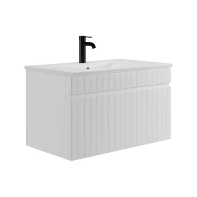 Afbeelding van Wit gestreept zwevend badkamermeubel met inbouwwastafel 80 cm SATARA L x H 46 D