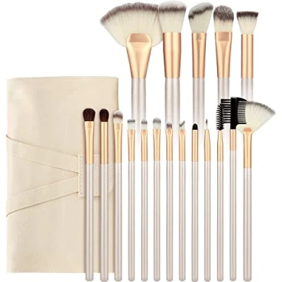 Afbeelding van Make up kwasten set Beige / goud 18 delig
