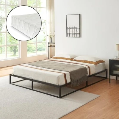 Afbeelding van Metalen bedframe 140x200 cm met bedbodem en matras zwart [en.casa] [neu.haus]