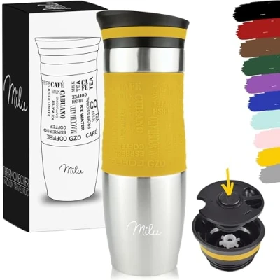 Afbeelding van thermobeker 370 ml 450 isoleerbeker koffiebeker to go 100% lekvrij drinkbeker van roestvrij staal dubbelwandige isolatie reismok (Mango, ml)