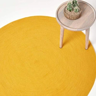 Afbeelding van Rond vloerkleed 120 cm, donkerblauw, gevlochten katoenen nachtkastje, omkeerbaar vloerkleed, handgeweven retro oker