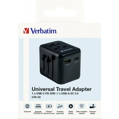 Afbeelding van Verbatim oplaadadapter, Universal Travel, UTA 02, zwart 100 250V, 1x USB Type A QC, C PD, Retail
