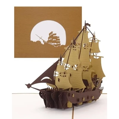 Afbeelding van Viermaster pop up kaart zeilboot 3D verjaardagskaart met envelop cadeau en reisbon boot