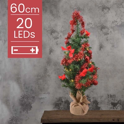 Afbeelding van Kunstkerstboom met rode versiering op batterijen 20 micro LED lampjes 60CM