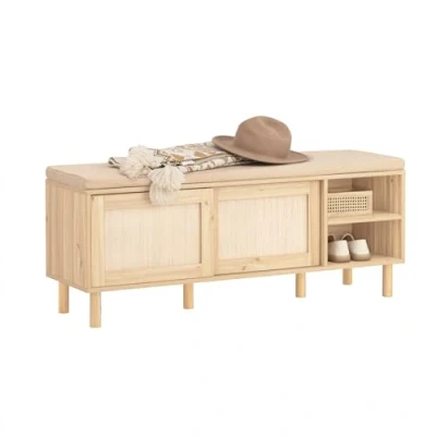 Afbeelding van SoBuy Schoenenbank, schoenenrek, entreemeubel, opbergbank met gevoerd kussen, planken en 2 schuifdeuren, 121 x 35 49 cm, FSR163 N