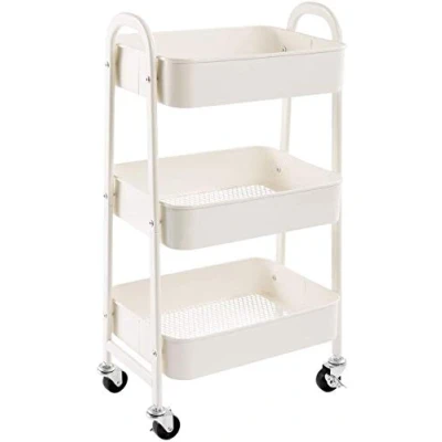 Afbeelding van DOEWORKS opbergwagen van metaal met 3 niveaus, wielen, voor badkamer, keuken, make up, wit