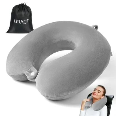 Afbeelding van URAQT reiskussen, reiskussen van traagschuim, vliegtuigkussen, nekkussen, nekkussen met opbergtas voor op reis, grijs., Medium