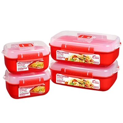 Image de Sistema Heat and Eat Lot de 4 récipients alimentaires rectangulaires avec couvercles (2 x 1,25 l + 2 525 ml) Clips verrouillage et aérations libération vapeur Sans BPA Recyclable TerraCycle® Rouge
