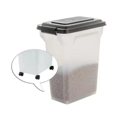 Afbeelding van Iris Ohyama, Bewaarcontainer voor dierenvoeding 20 L 7,5 kg, flip up deksel, luchtdicht, transparant, schep &amp; wielen, honden kattenvoer Air Tight Food Container ATS M, Zwart