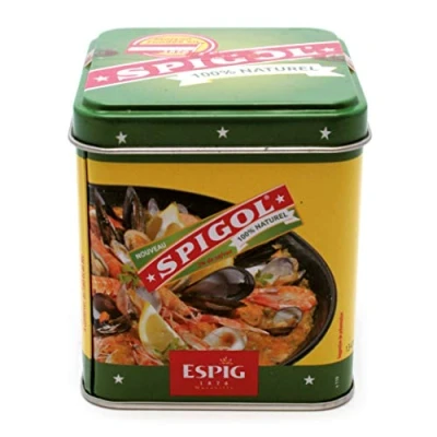 Afbeelding van Spigol specerijen 3% saffraan parfum en kleur je gerechten voor paella, rijst, vis 100% natuurlijk metalen doos van 100 g met maatlepel