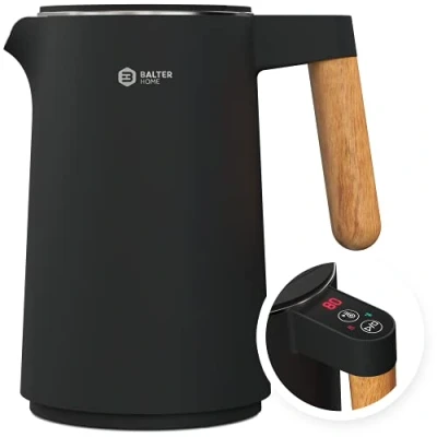 Afbeelding van BALTER Roestvrijstalen waterkoker met temperatuurinstelling, 45 C tot 100 C, dubbele wand, BPA vrij, stil en draadloos, warmhoudfunctie, theekoker temperatuurweergave, 1,5 l, 2200 W, zwart