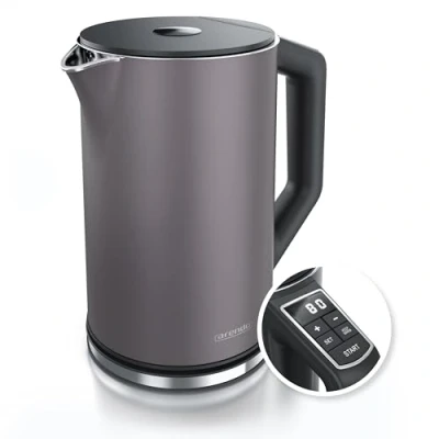 Afbeelding van Arendo Roestvrij stalen waterkoker met temperatuurinstelling 40 100 graden in stappen van 5 dubbelwandig design model ELEGANT 1,5 liter 2200 W theekoker temperatuurweergave GS vulkaangrijs