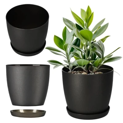 Afbeelding van KADAX bloempot met onderzetter, ronde kunststof pot, matte voor cactussen, varens, glanzende pot balkon, appartement en terras (18 cm, antraciet)