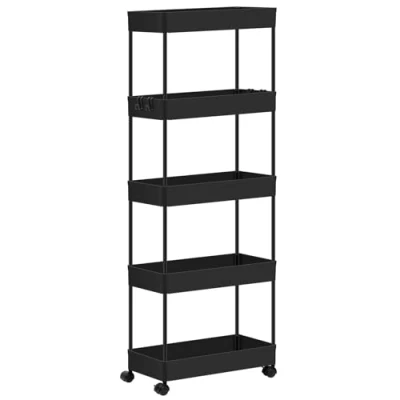 Afbeelding van Klihome Serveerwagen met 5 niveaus, smal, wieltjes, holle manden, rek wieltjes voor keuken, woonkamer, badkamer, kunststof, zwart