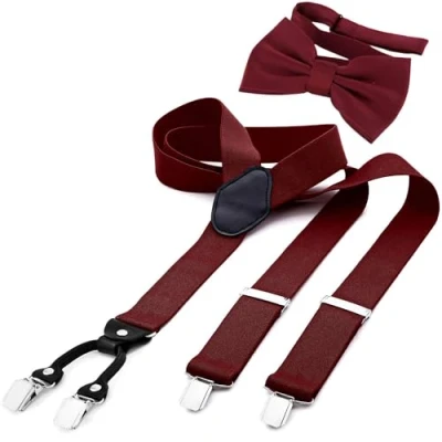 Afbeelding van DonDon herenbretels in Y vorm van 3,5 cm breed, elastisch en verstelbaar, tweedelige set met bijpassende kleur strik 12 x 6 cm, Bordeauxrood, one size