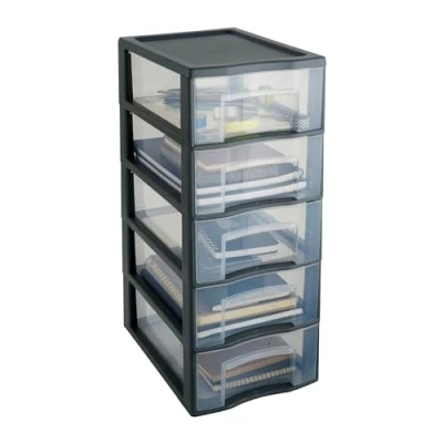Afbeelding van SUNDIS Tag Tower Opbergtoren van kunststof, grijs, 5 transparante laden, DIN A4 papier, hoogte 61 cm, ideaal voor kantoor, cursus, documenten, benodigdheden, accessoires
