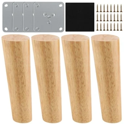 Afbeelding van Massief houten meubelpoten, 4 stuks, 15 cm, conische meubelpoten met schroeven en viltglijders, voor kast, bank, stoel, bed, voetenbank, cilinders
