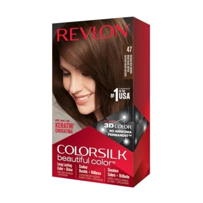 Afbeelding van Revlon Colorsilk Beautiful Color Permanente haarkleur met 3D geltechnologie en keratine, kleuring 100% dekking van wit haar, 47 rijk bruin medium