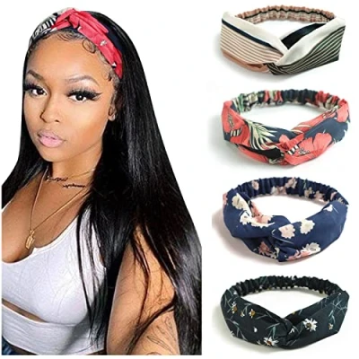 Afbeelding van DRESHOW 4 stuks haarband voor dames, boho, vintage, bloemenprint, haarband, cross, geknoopt, elastisch, accessoires