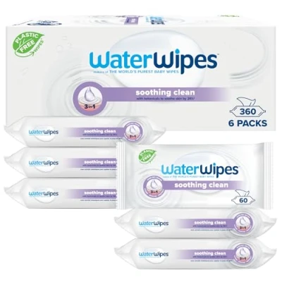 Afbeelding van WaterWipes Babydoekjes, 360 doekjes (6 verpakkingen), met 99% water en botanische extracten, vochtige voor gezicht lichaam
