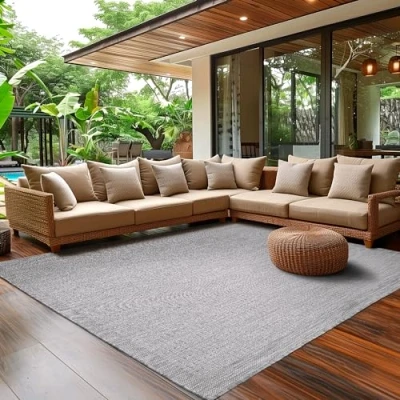 Afbeelding van Buitentapijt voor terras, balkon en tuin, keukentapijt, effen, weerbestendig design, plat weefsel, sisal effect, wasbaar tapijt, 200 x 290 cm, grijs
