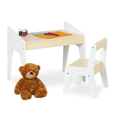 Afbeelding van Relaxdays Kindertafelset met tafel en stoel, zitset voor jongens meisjes, beige/wit