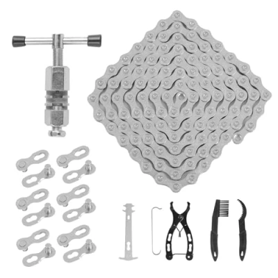 Afbeelding van fietsketting 6/7/8 versnellingen 1/2 x 3/32 inch 116 schakels kettinggereedschapsset aluminiumlegering kettingbreker ketting reparatie mountainbike racefiets (zilver)