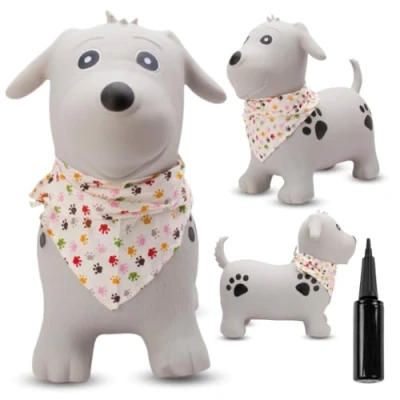 Afbeelding van Opblaasbaar springdier, speelgoed voor kinderen van 1 jaar binnen en buiten, ergonomisch design, inclusief handpomp (grijze hond met bandana)