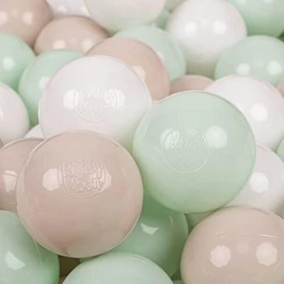 Afbeelding van KiddyMoon Gekleurde plastic ballen voor babyzwembad, 50 ballen, ∅ 7 cm, gemaakt in de EU, pastelbeige, wit, muntgroen