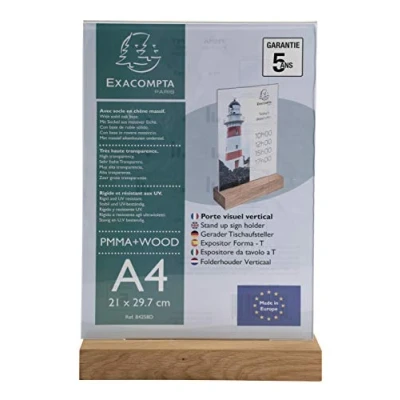 Afbeelding van Exacompta Ref. 84258D 1 Visuele houder met houten standaard A4 verticaal Office Afmetingen 210 x 297 mm PMMA (acryl) menu voor restaurants, hotels, conferenties en receptie Kristalkleur