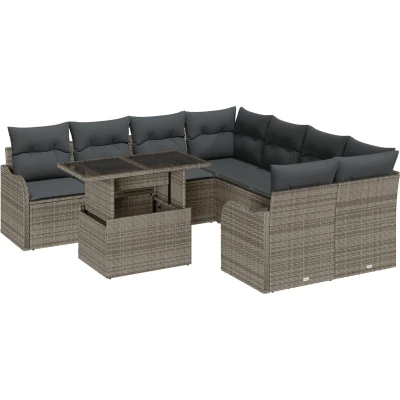 Afbeelding van vidaXL 9 delige Tuinsalon Set met Kussens Grijs Poly Rattan