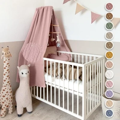 Afbeelding van lilimaus babybedhemel [poederroze] van 100% katoen, handgemaakt, bedhemel voor meisjes en jongens, hemelbedgordijnen als decoratie