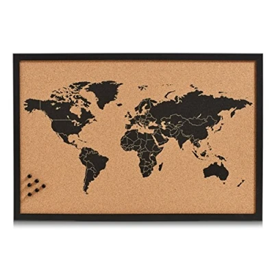 Afbeelding van Zeller prikbord wereldkaart zwart 60 x 40 cm kurk/hout